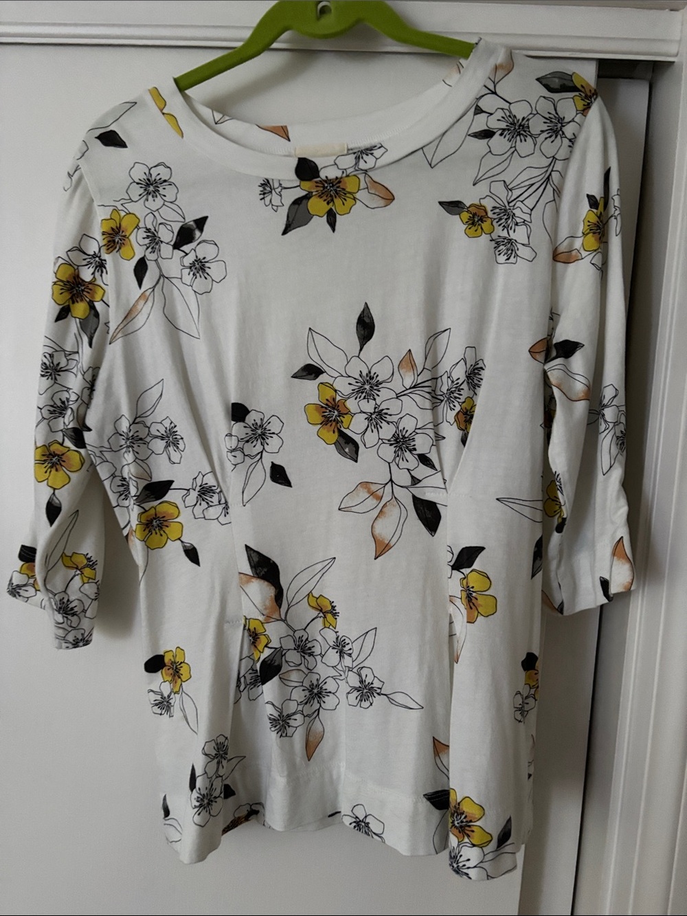 Women's White Floral mid-Sleeve Boatneck Top with Yellow Accents